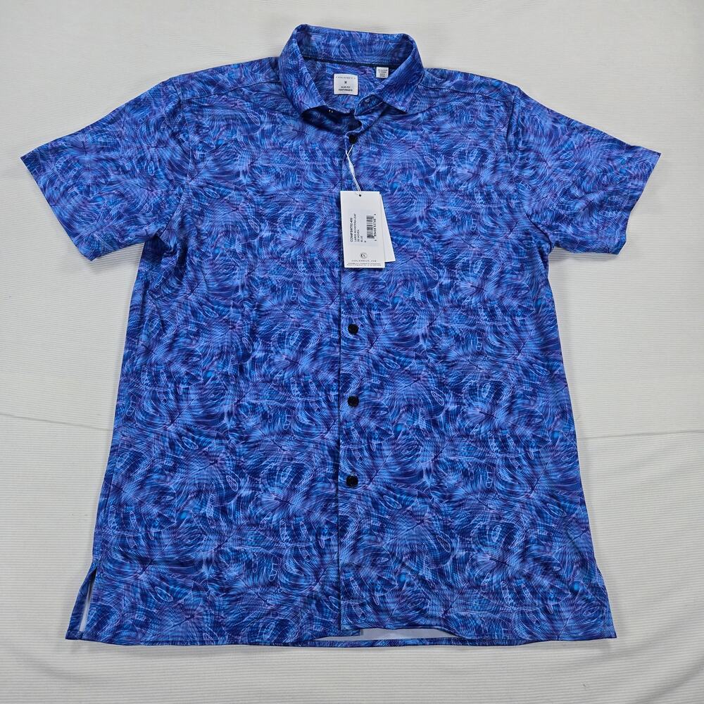 NWT CON.STRUCT Monster Leaf Blue Button Up Slim Short Sleeve Shirt Size Medium